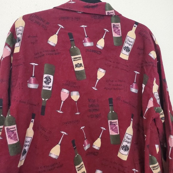 PJ Salvage Women's L Wine Bottle Glass Print Flannel Pajama Top Sleepwear Button - Picture 9 of 14